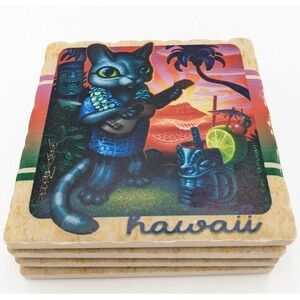 Cat Playing Ukulele Ceramic Coasters Set Aloha Hula Hawaii Tiki Bar Summer Party